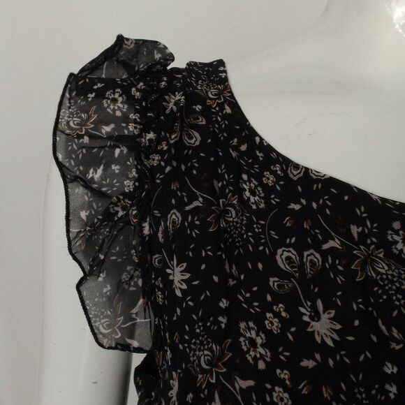 new LE RAGAZZE Maxi Dress, XS, Black, White/brown floral print, Ruffle shoulder - Picture 5 of 12